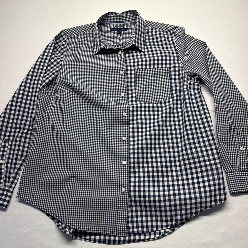 Tommy Hilfiger Button Down Mixed Gingham M Navy Blue Womens Relaxed Fit Preppy